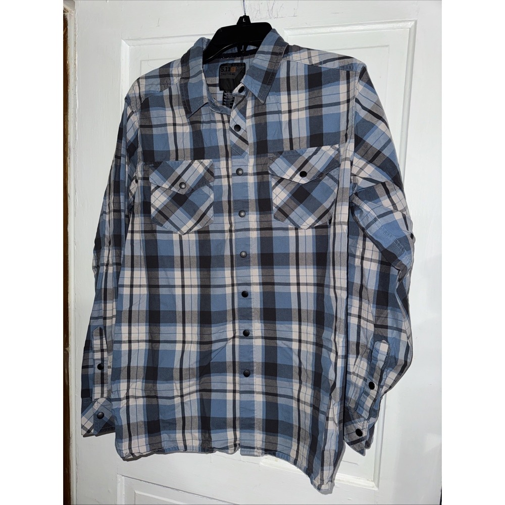 5.11 Tactical Grey & Blue Plaid Long Sleeve Shirt Men's Size Medium Snap Button